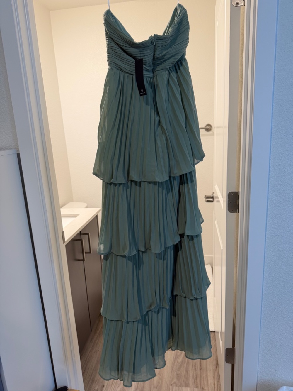 Seriously Sensational Sage Brush Strapless Tiered Maxi Dress - Picture 2 of 5